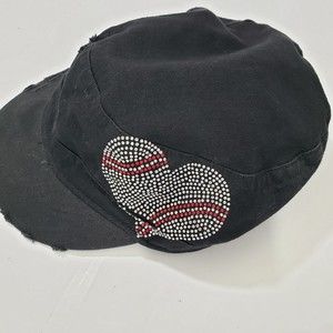 Women's Distressed Black Cap / Hat; Rhinestone Heart with Baseball Stripes